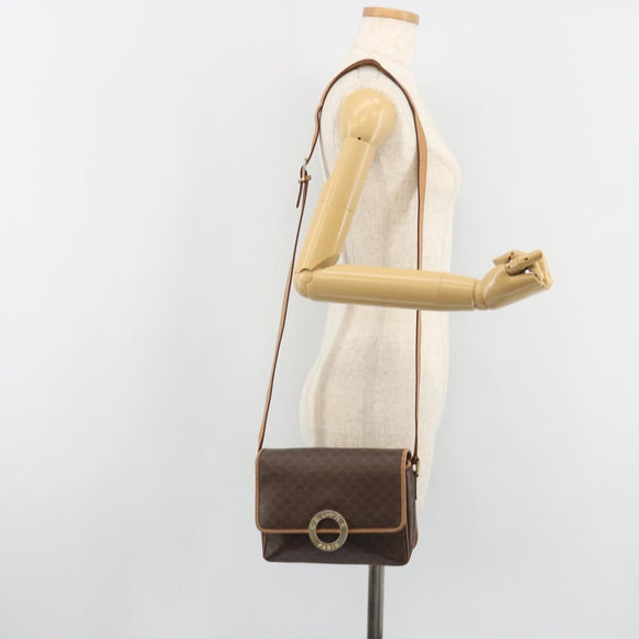 CELINE Macadam Canvas Circle Shoulder Bag PVC Leather Brown Gold Auth 189595