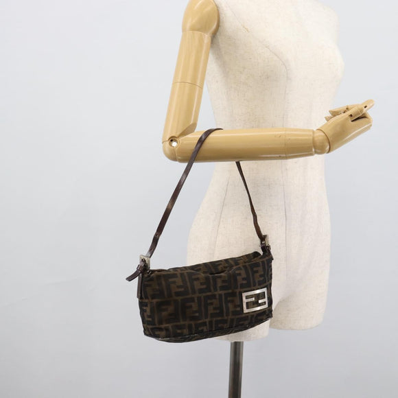 FENDI Zucca Canvas Shoulder Bag Brown Black Auth 189598