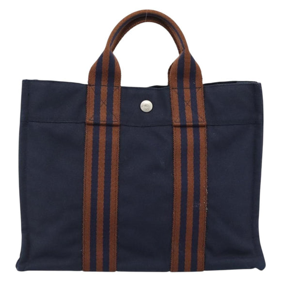 HERMES New Fourre Tout PM Hand Bag Canvas Navy Silver Auth 189604