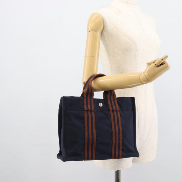 HERMES New Fourre Tout PM Hand Bag Canvas Navy Silver Auth 189604