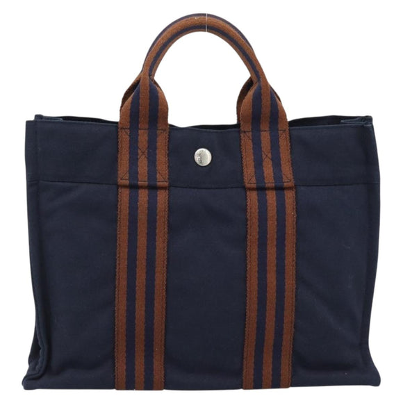 HERMES New Fourre Tout PM Hand Bag Canvas Navy Silver Auth 189604