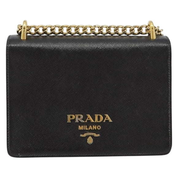 PRADA Chain Shoulder Bag Saffiano Leather Black Gold Auth 189622A
