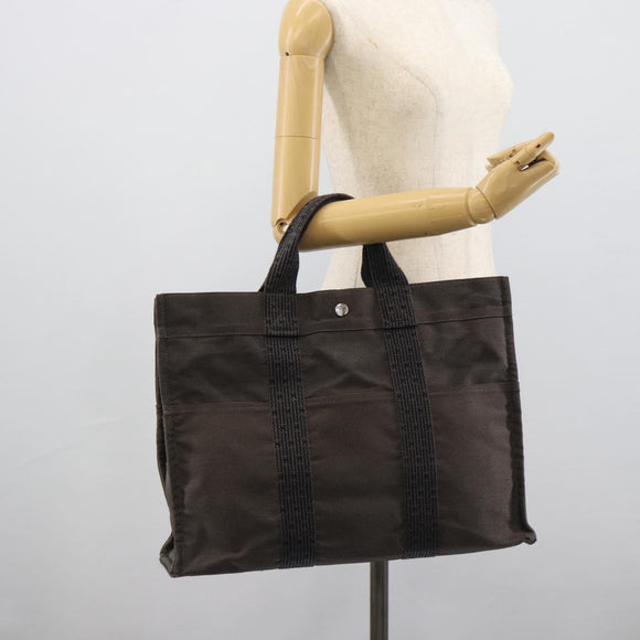 HERMES Her Line MM Hand Bag Canvas Gray Silver Auth 189625