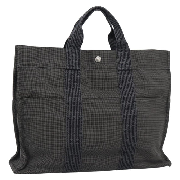 HERMES Her Line MM Hand Bag Canvas Gray Silver Auth 189626