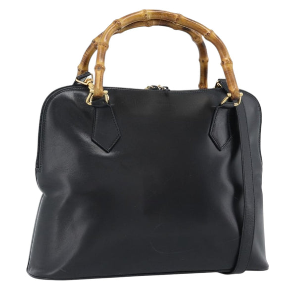 GUCCI Bamboo Hand Bag Leather 2way Black Gold 000 3780 0289 Auth 189634