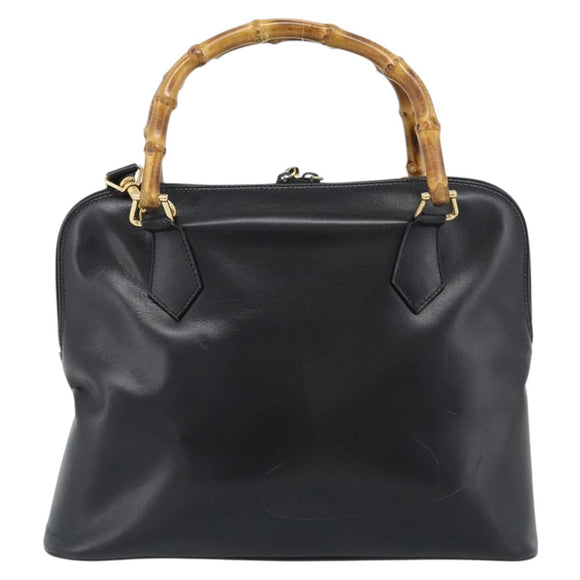 GUCCI Bamboo Hand Bag Leather 2way Black Gold 000 3780 0289 Auth 189634
