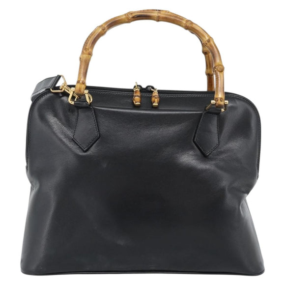 GUCCI Bamboo Hand Bag Leather 2way Black Gold 000 3780 0289 Auth 189634