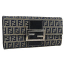 FENDI Zucchino Canvas Mamma Baguette Long Wallet Navy Silver Auth 189643-1