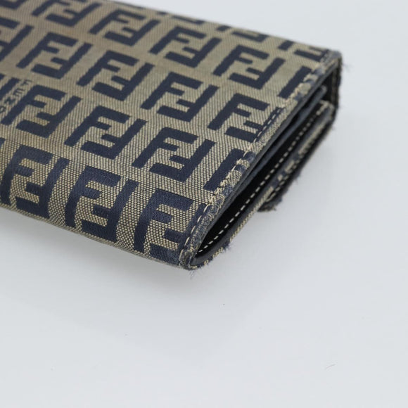 FENDI Zucchino Canvas Mamma Baguette Long Wallet Navy Silver Auth 189643