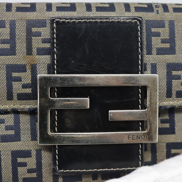FENDI Zucchino Canvas Mamma Baguette Long Wallet Navy Silver Auth 189643