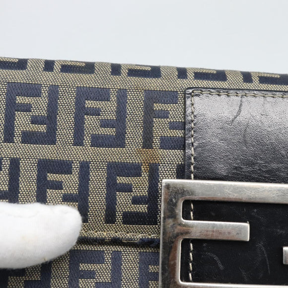 FENDI Zucchino Canvas Mamma Baguette Long Wallet Navy Silver Auth 189643