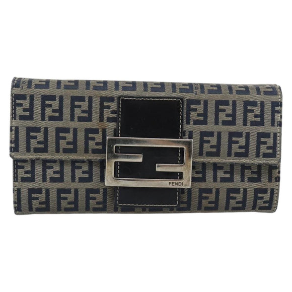 FENDI Zucchino Canvas Mamma Baguette Long Wallet Navy Silver Auth 189643