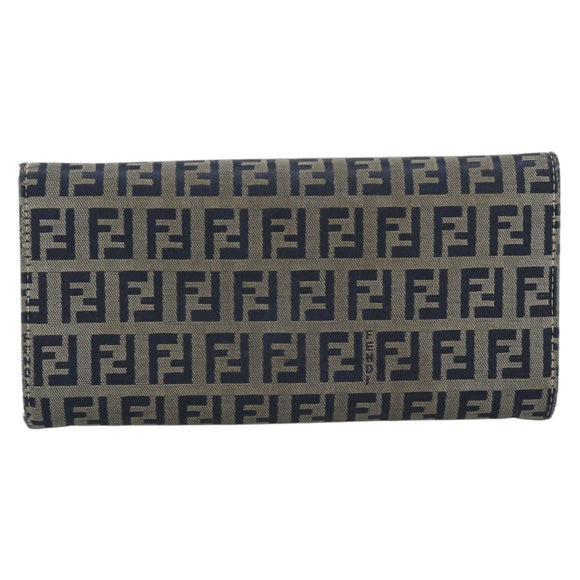 FENDI Zucchino Canvas Mamma Baguette Long Wallet Navy Silver Auth 189643