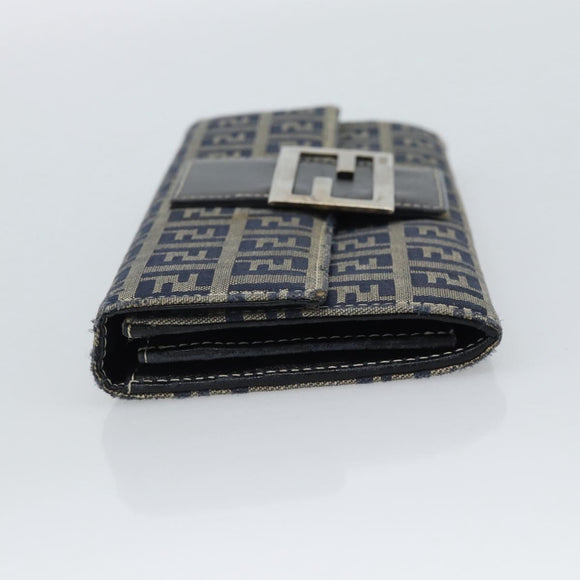 FENDI Zucchino Canvas Mamma Baguette Long Wallet Navy Silver Auth 189643