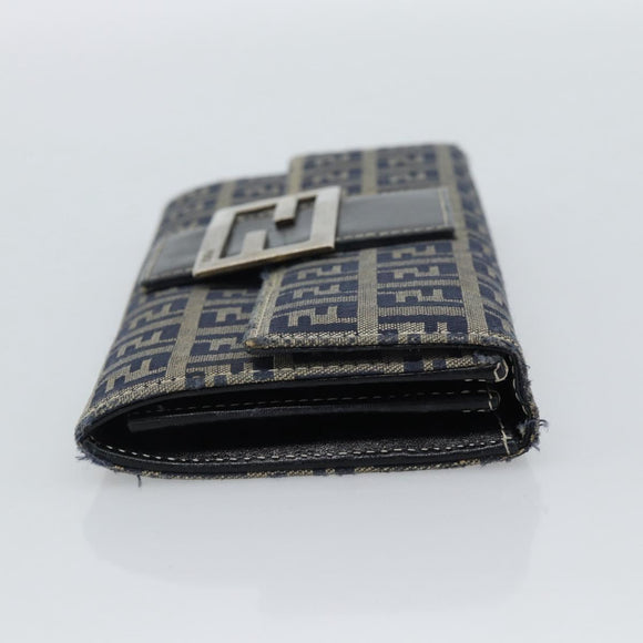 FENDI Zucchino Canvas Mamma Baguette Long Wallet Navy Silver Auth 189643