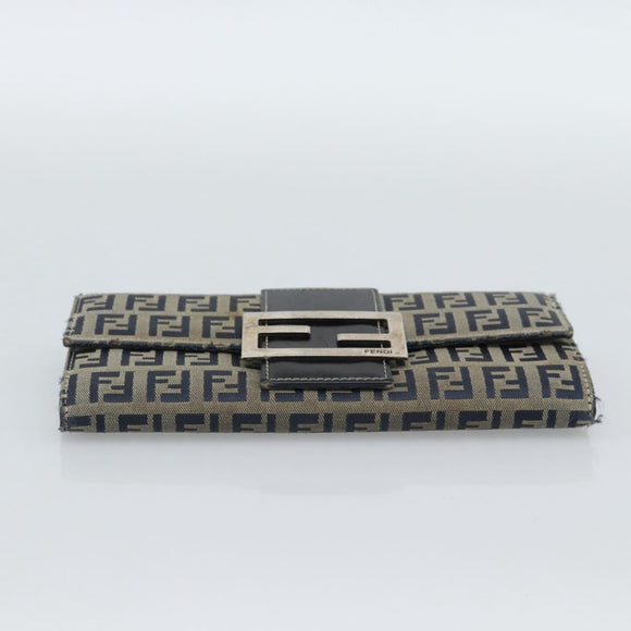 FENDI Zucchino Canvas Mamma Baguette Long Wallet Navy Silver Auth 189643