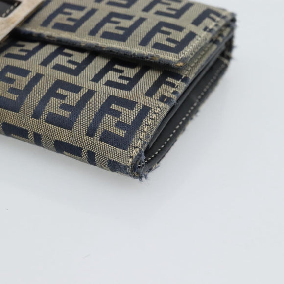 FENDI Zucchino Canvas Mamma Baguette Long Wallet Navy Silver Auth 189643