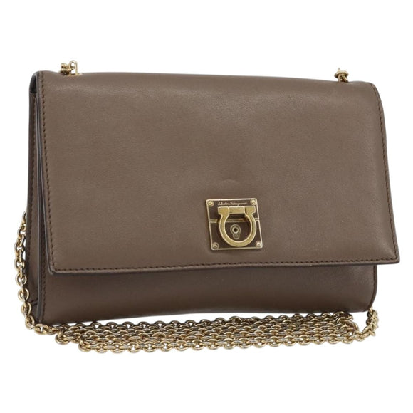 Salvatore Ferragamo Gancini Chain Shoulder Bag Leather Gray Gold Auth 189649