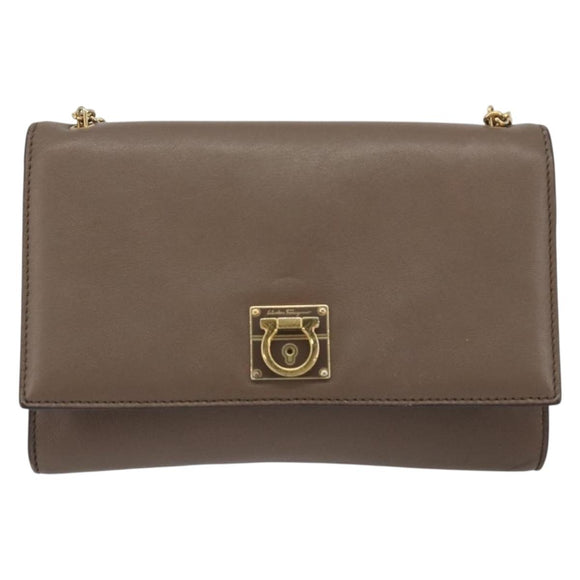 Salvatore Ferragamo Gancini Chain Shoulder Bag Leather Gray Gold Auth 189649