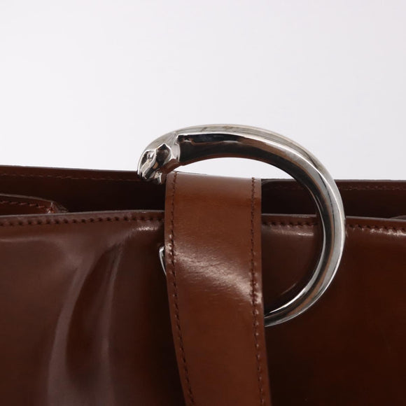 CARTIER PANTHERE Shoulder Bag Patent Leather Brown Silver Auth 189661