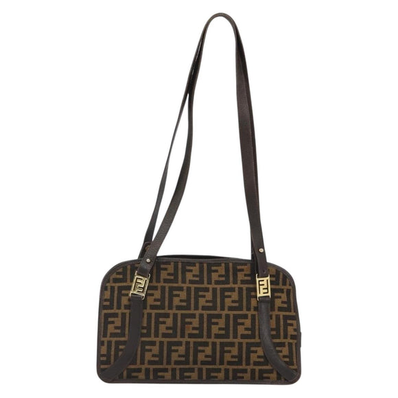 FENDI Zucca Canvas Shoulder Bag Brown Black Auth 189662