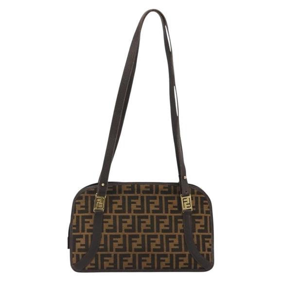 FENDI Zucca Canvas Shoulder Bag Brown Black Auth 189662