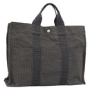 HERMES Her Line MM Hand Bag Canvas Gray Silver Auth 189685-1