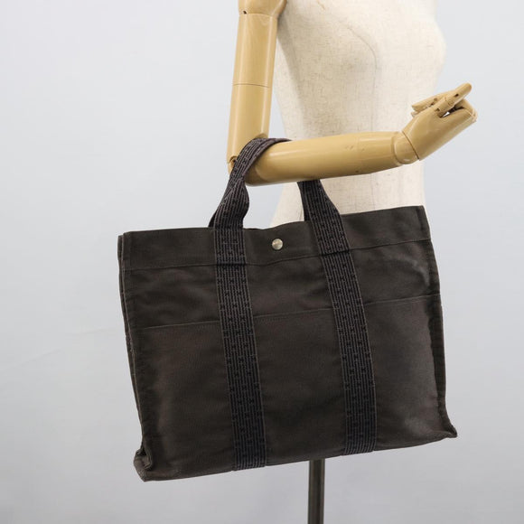 HERMES Her Line MM Hand Bag Canvas Gray Silver Auth 189685
