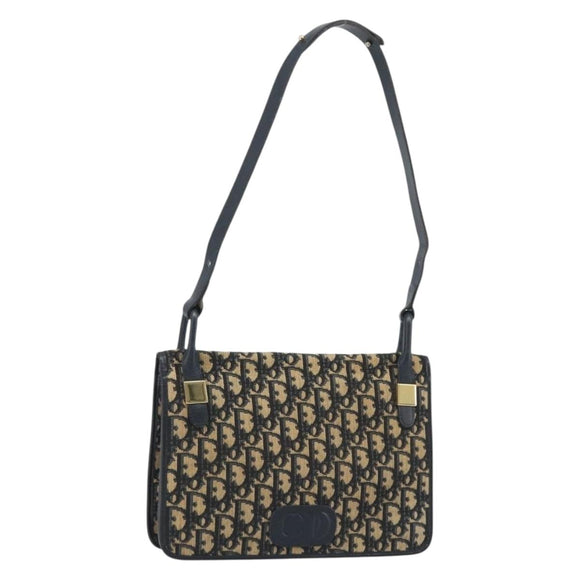 Christian Dior Trotter Canvas Shoulder Bag Navy Gold Auth 189692
