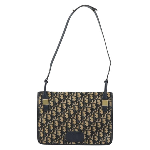Christian Dior Trotter Canvas Shoulder Bag Navy Gold Auth 189692