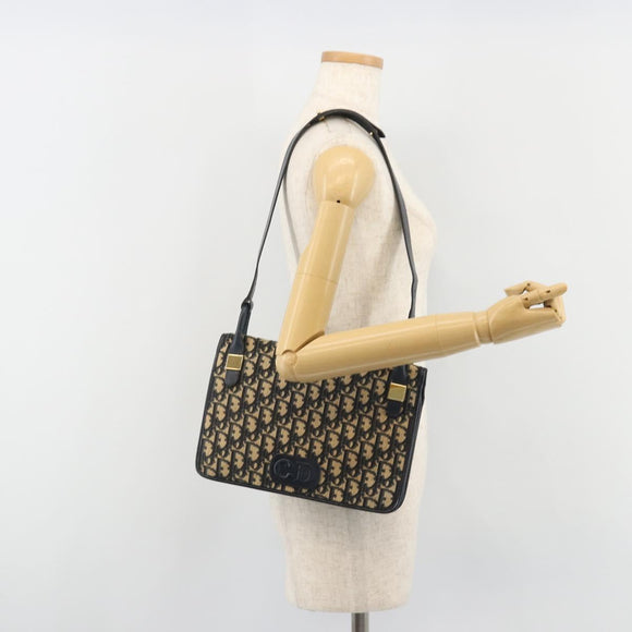 Christian Dior Trotter Canvas Shoulder Bag Navy Gold Auth 189692