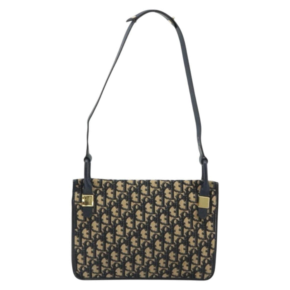 Christian Dior Trotter Canvas Shoulder Bag Navy Gold Auth 189692