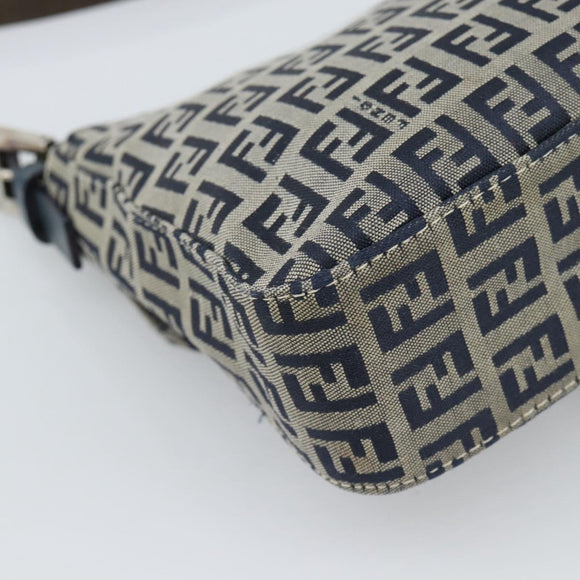 FENDI Zucchino Canvas Mamma Baguette Shoulder Bag Navy Silver Auth 189693V