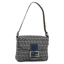 FENDI Zucchino Canvas Mamma Baguette Shoulder Bag Navy Silver Auth 189693V-1