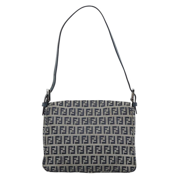 FENDI Zucchino Canvas Mamma Baguette Shoulder Bag Navy Silver Auth 189693V
