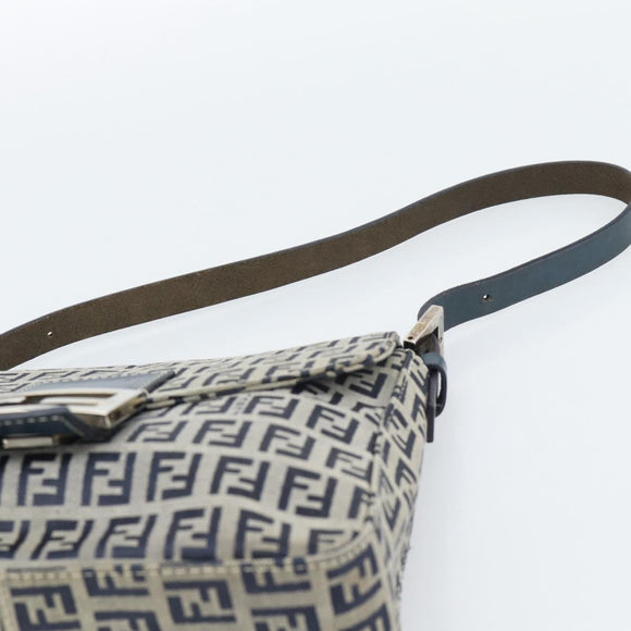 FENDI Zucchino Canvas Mamma Baguette Shoulder Bag Navy Silver Auth 189693V