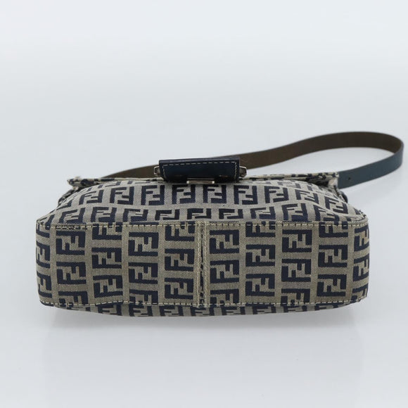 FENDI Zucchino Canvas Mamma Baguette Shoulder Bag Navy Silver Auth 189693V