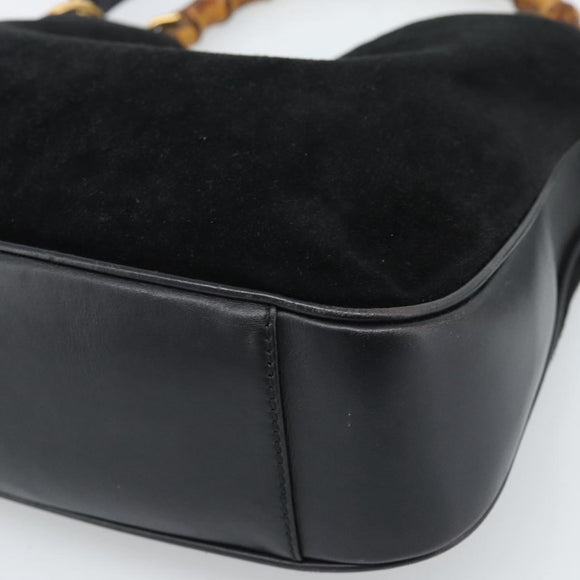 GUCCI Bamboo Shoulder Bag Suede 2way Black Gold 0013754 1638 Auth 189697
