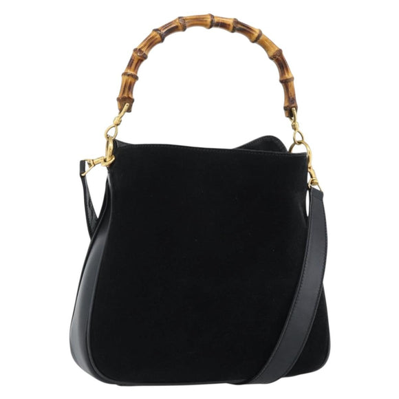 GUCCI Bamboo Shoulder Bag Suede 2way Black Gold 0013754 1638 Auth 189697