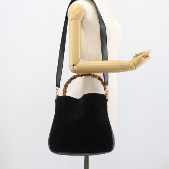 GUCCI Bamboo Shoulder Bag Suede 2way Black Gold 0013754 1638 Auth 189697