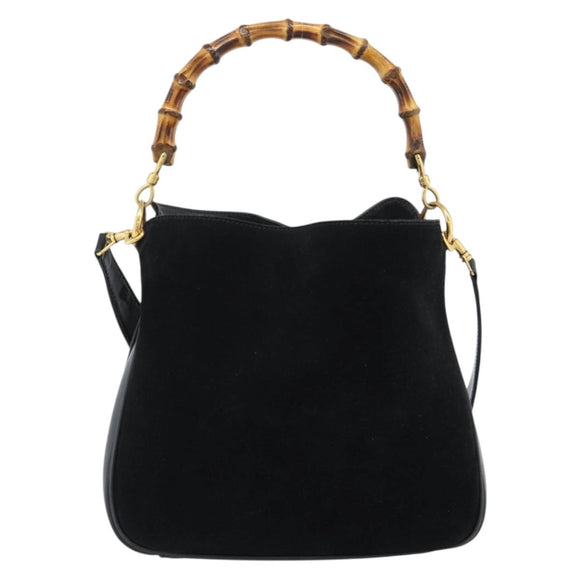 GUCCI Bamboo Shoulder Bag Suede 2way Black Gold 0013754 1638 Auth 189697