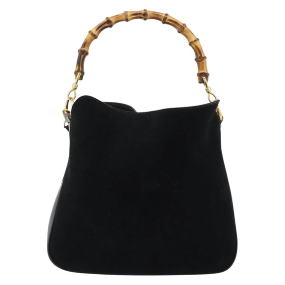 GUCCI Bamboo Shoulder Bag Suede 2way Black Gold 0013754 1638 Auth 189697