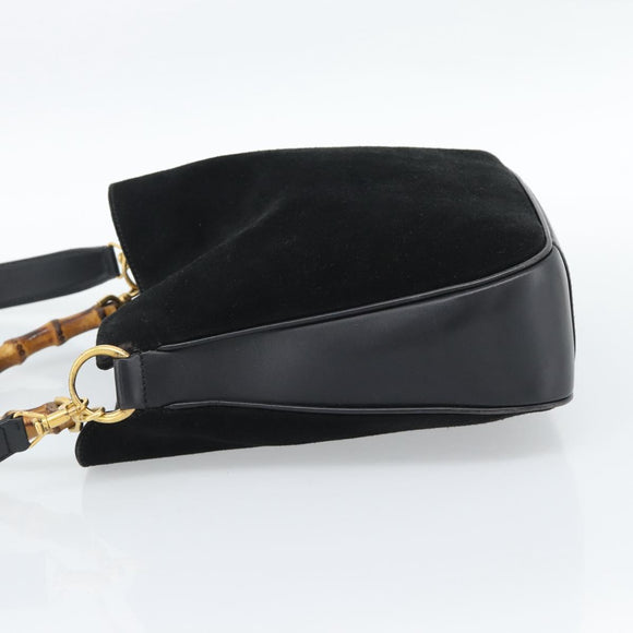 GUCCI Bamboo Shoulder Bag Suede 2way Black Gold 0013754 1638 Auth 189697