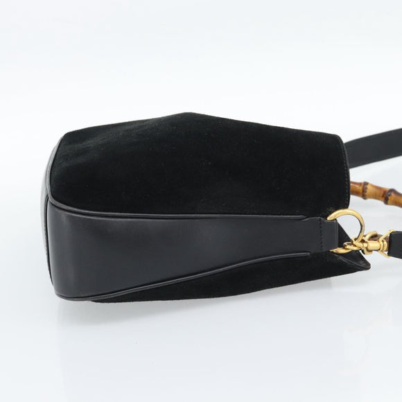 GUCCI Bamboo Shoulder Bag Suede 2way Black Gold 0013754 1638 Auth 189697