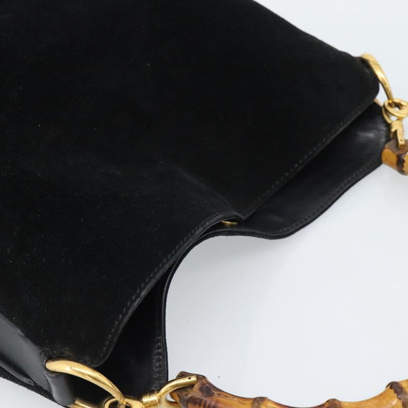 GUCCI Bamboo Shoulder Bag Suede 2way Black Gold 0013754 1638 Auth 189697