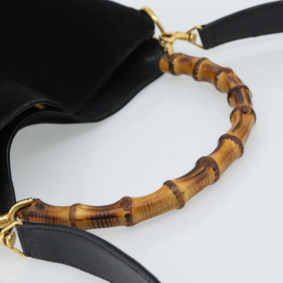 GUCCI Bamboo Shoulder Bag Suede 2way Black Gold 0013754 1638 Auth 189697