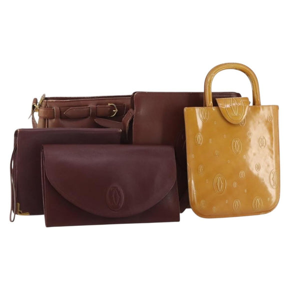 CARTIER Must Line Shoulder Bag Leather 5 Set Bordeaux Beige Auth 189700