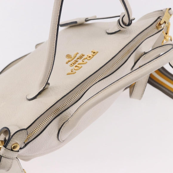 PRADA Hand Bag Vittero Dino Leather 2way White Gold Auth 189711A