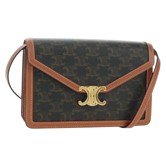 CELINE Macadam Canvas Trionfenvelope Shoulder Bag PVC Black Gold Auth 189718SM