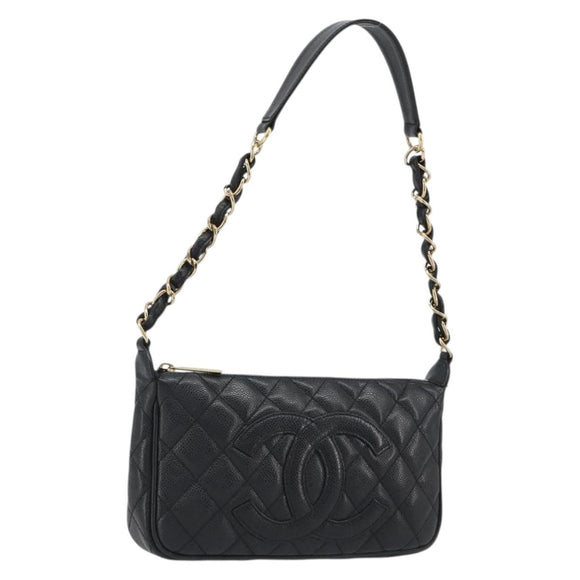 CHANEL Matelasse Chain Shoulder Bag Caviar Skin Black Gold CC Auth 189723V